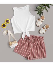 SHEIN Girls Knotted Front Top & Belted Striped Shorts Set