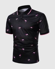 SHEIN Men Flamingo Print Tape Polo Shirt