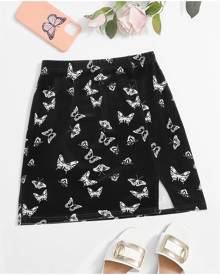 SHEIN Butterfly Print Split Hem Skirt