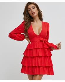 SHEIN Neon Red Belted Layered Hem Dress