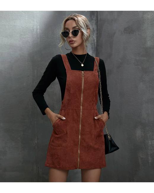 brown leather pinafore dress