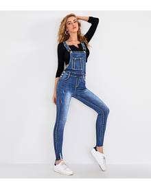 SHEIN Kangaroo Pocket Ripped Raw Hem Skinny Denim Dungarees