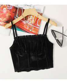 SHEIN Frill Trim Ruched Bust Velvet Crop Cami Top