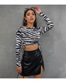 SHEIN Ruched Drawstring Hem Zebra Striped Crop Tee
