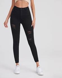 SHEIN Ripped Solid Cropped Jeans