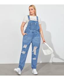 SHEIN Plus Pocket Front Ripped Denim Dungarees