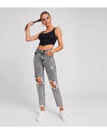 SHEIN High Waist Ripped Raw Hem Cropped Jeans