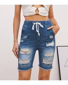 SHEIN Drawstring Waist Raw Hem Ripped Denim Shorts