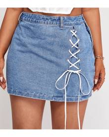 SHEIN Plus Zipper Side Lace Up Detail Denim Skirt