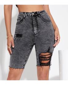 SHEIN Raw Hem Ripped Denim Shorts