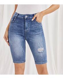 SHEIN Rhinestone Detail Ripped Bermuda Denim Shorts