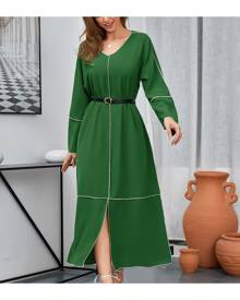 SHEIN Contrast Binding Split Front Dress Without Belt