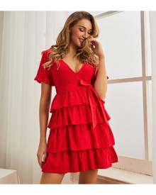 SHEIN Neon Red Layered Hem Belted Dress