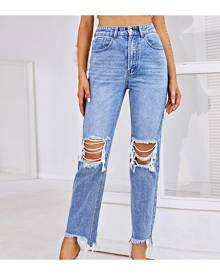 SHEIN High Waist Ripped Raw Hem Cropped Jeans