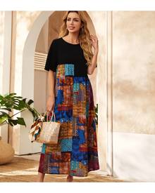 SHEIN Patchwork Print Smock Dress