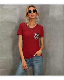 SHEIN V-neck Leopard Patch Pocket Tee