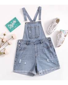 SHEIN Plus Ripped Button Front Denim Dungarees