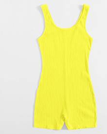 SHEIN Neon Yellow Scoop Neck Rib-knit Tank Unitard Romper