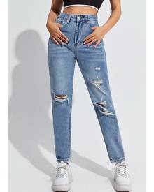 SHEIN Solid Ripped Mom Jeans