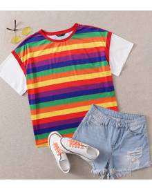 SHEIN Plus Rainbow Striped Colourblock Sleeve Tee