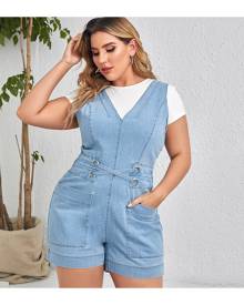 SHEIN Plus Eyelet Crisscross Button Back Denim Romper