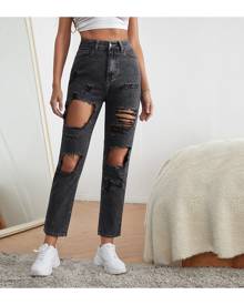 SHEIN High Waist Ripped Raw Hem Cropped Jeans