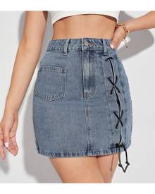 SHEIN Pocket Patched Lace-up Front Denim Skirt
