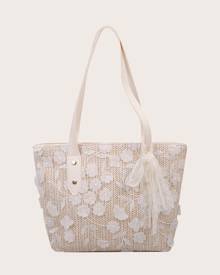 SHEIN Floral Appliques Straw Tote Bag