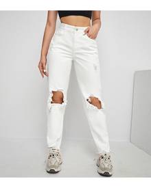 SHEIN High Waist Ripped Raw Hem Cropped Jeans