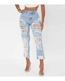 SHEIN High Waist Ripped Raw Hem Cropped Jeans