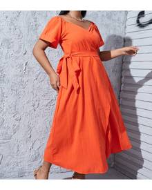 SHEIN Plus Neon Orange Sweetheart Neck Wrap Belted Dress