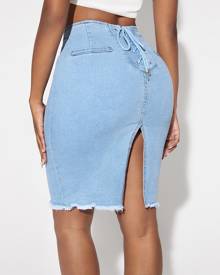 SHEIN Lace Up Back Split Hem Bodycon Denim Skirt