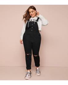 SHEIN Plus Ripped Frayed Single Breasted Denim Dungarees