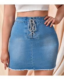 SHEIN Plus Lace Up Front Raw Cut Denim Skirt
