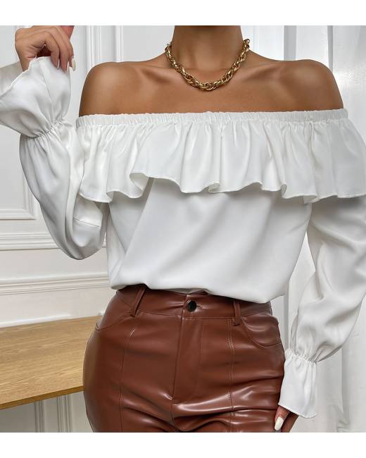 Fashion Women Elegant Long Sleeve Ruffles Off Shoulder Solid Shirt T-Shirts Crop Tank Tops Vest Sopzxclim 