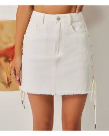 SHEIN Grommet Lace-up Raw Hem Denim Skirt