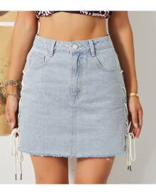 SHEIN Grommet Lace-up Raw Hem Denim Skirt