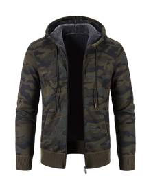 SHEIN Men Camo Print Teddy Lined Hooded Cardigan Without Tee