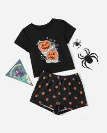 SHEIN Halloween Graphic Tee & All Over Print Shorts PJ Set