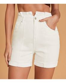 SHEIN Paperbag Waist Roll Hem Slant Pocket Denim Shorts