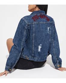 SHEIN Fire Embroidery Ripped Denim Jacket