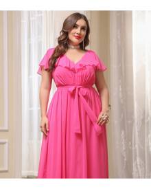 SHEIN Plus Chiffon Neon Pink Belted Ruffle Trim Dress