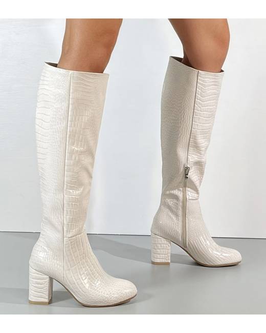 cream calf length boots