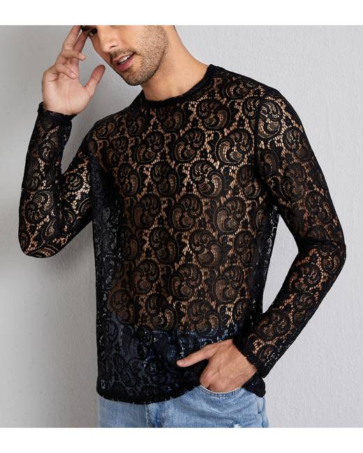 Mens See Through Mesh Lace Floral Long Sleeve Tops Longline Tee T-Shirt Blouse 