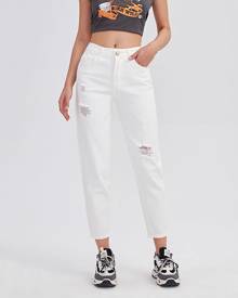SHEIN Solid Ripped Cropped Mom Jeans