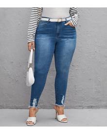 SHEIN Plus High Waist Ripped Raw Trim Skinny Jeans Without Belt