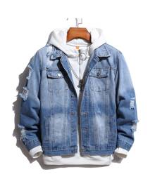 SHEIN Men Bleach Wash Ripped Frayed Denim Jacket Without Hoodie