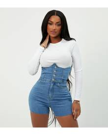 SHEIN Button Fly Frayed Hem Denim Tube Romper Without Top