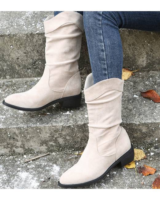 cream calf length boots