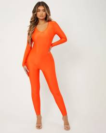 SHEIN Neon Orange Solid V Neck Unitard Jumpsuit